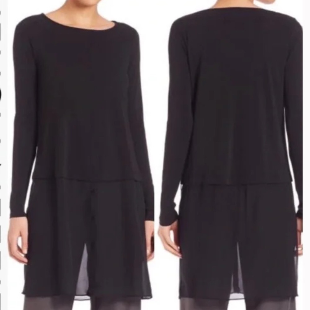 Eileen Fisher black 100% Silk long sleeve  Double Layer tunic size S